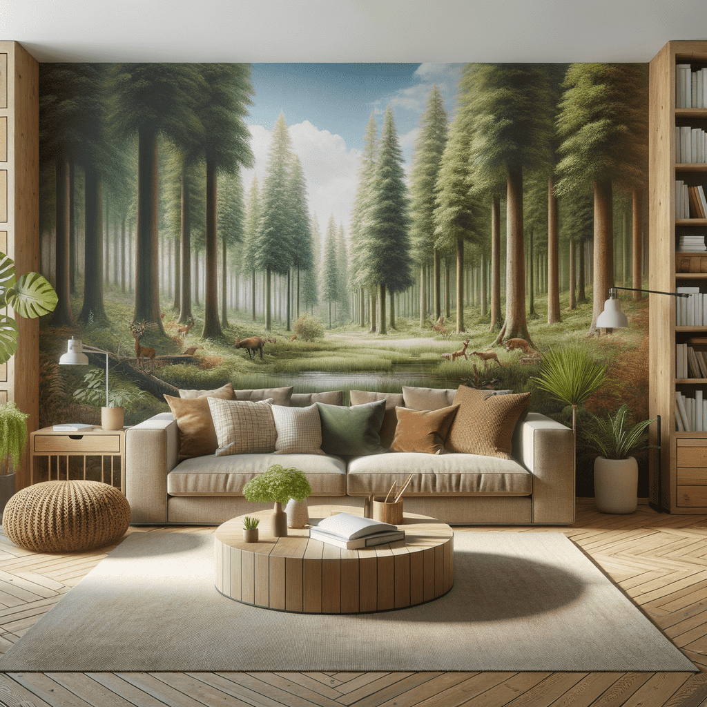A cozy living room with a large sofa full of cushions facing a wall mural of a serene forest with deer by a stream. The room features wood accents, a circular wooden coffee table, plants, and warm lighting.