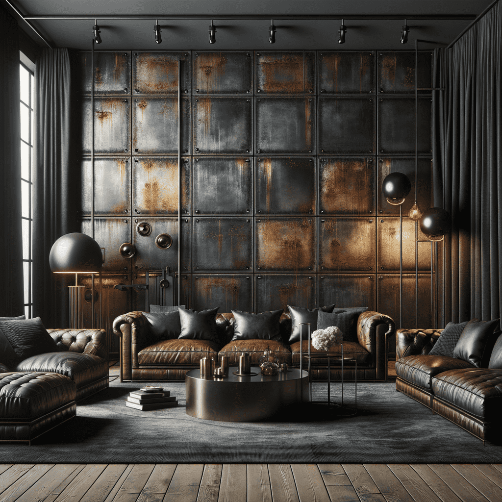 Alt text: A luxurious industrial-style living room featuring weathered metal wall panels, tufted leather sofas, and modern lighting, with dark, rich colors and textures.