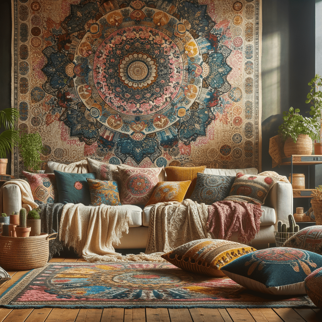 A cozy bohemian-style living room with a large mandala tapestry on the wall, a comfortable couch adorned with colorful cushions, a variety of houseplants, and a patterned rug on wooden flooring.