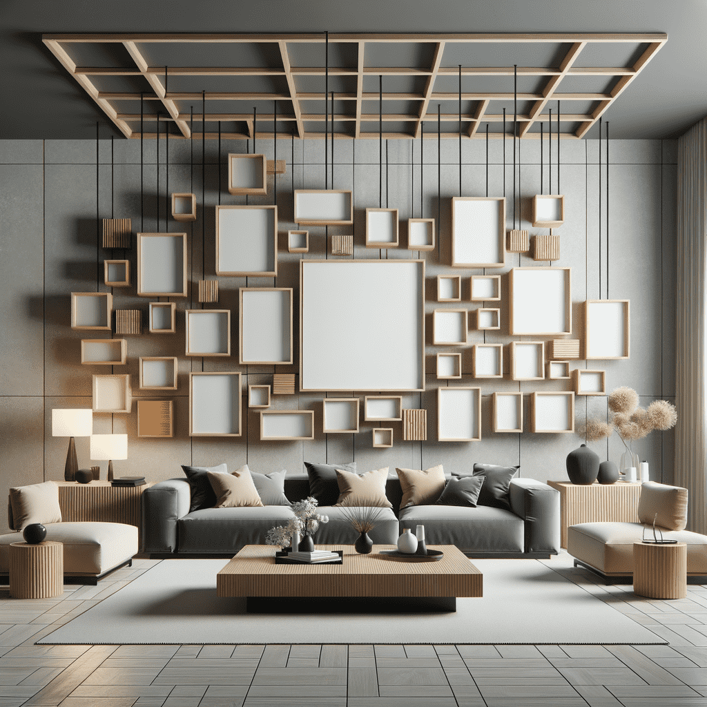 Modern living room with a variety of empty picture frames on the wall, a geometric wooden ceiling pattern, and a stylish furniture arrangement consisting of beige and dark gray sofas.