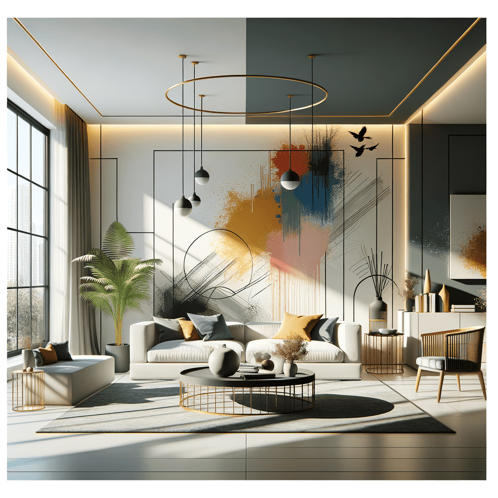 A modern living room with artistic wall decor, large windows, and contemporary furniture including a sofa, armchairs, and coffee tables, accented by indoor plants and chic lighting fixtures.
