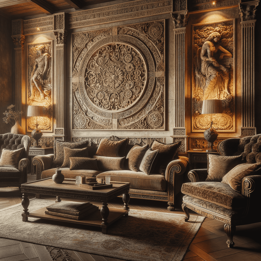 An opulent classical living room with ornate carved walls, luxurious furniture, and intricate relief sculptures.
