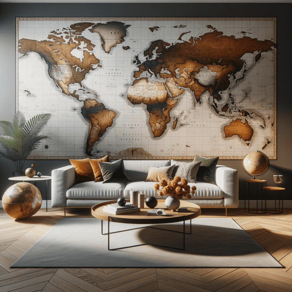 A stylish modern living room featuring a large, vintage-style world map on the wall, a sleek gray sofa with decorative pillows, a round wooden coffee table with decorative vases, a globe, and an area rug over herringbone wood flooring. A potted plant and minimalist side table with a lamp and books complete the cozy yet sophisticated interior decor.