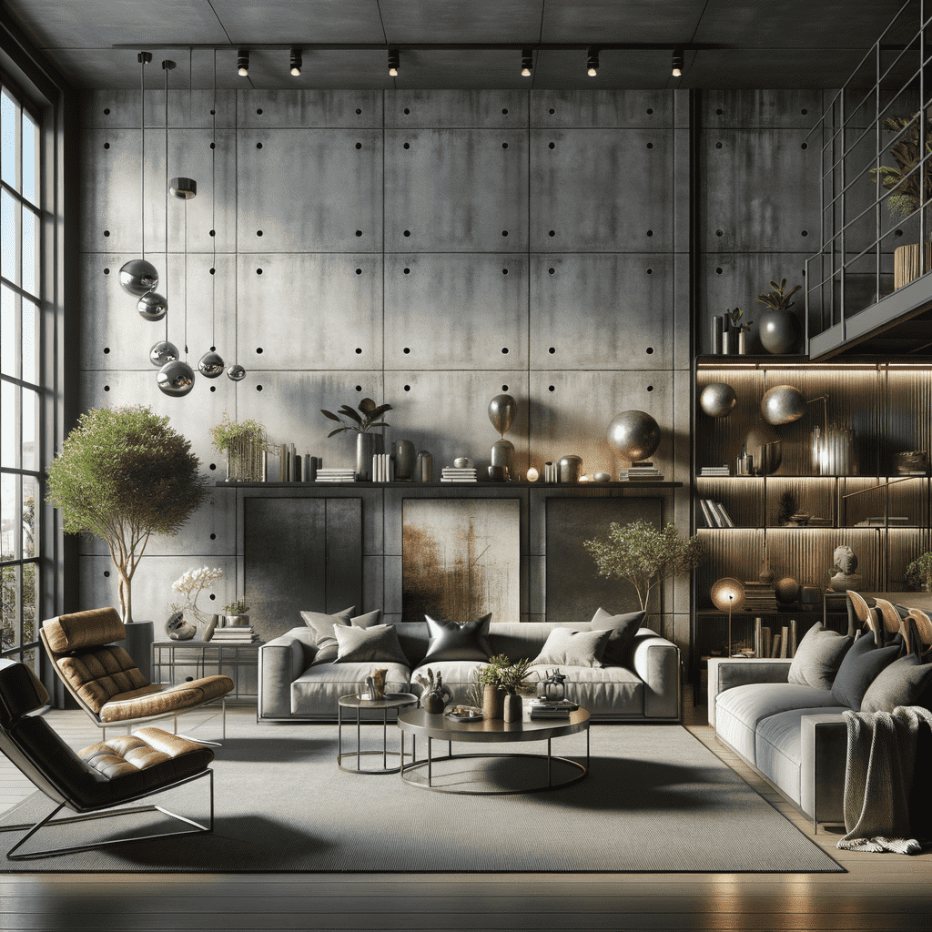 Modern living room interior with industrial design elements, featuring a concrete wall, sleek furniture with metal accents, and suspended orb lights.