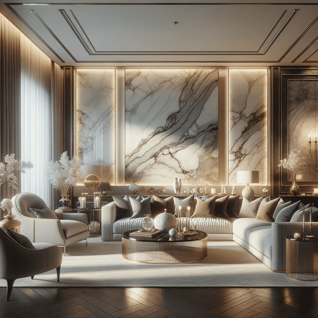 Elegant modern living room with marble wall panels, plush seating, soft lighting, and decorative accessories.