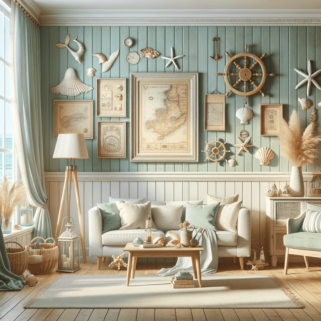 A cozy, nautical-themed living room with seafoam green walls adorned with oceanic decor such as seashells, starfish, old maps, and a ship's wheel, complemented by a light sofa with cushions and a view of the ocean through the window.