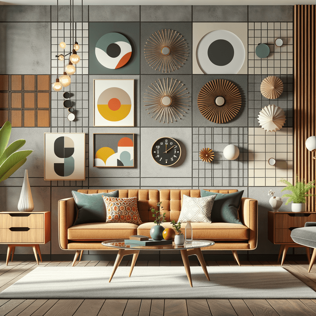 A cozy modern living room with a mid-century style orange sofa adorned with decorative pillows, surrounded by a variety of wall art pieces, wooden furniture, and plants, under a grid of geometric and abstract wall decorations.