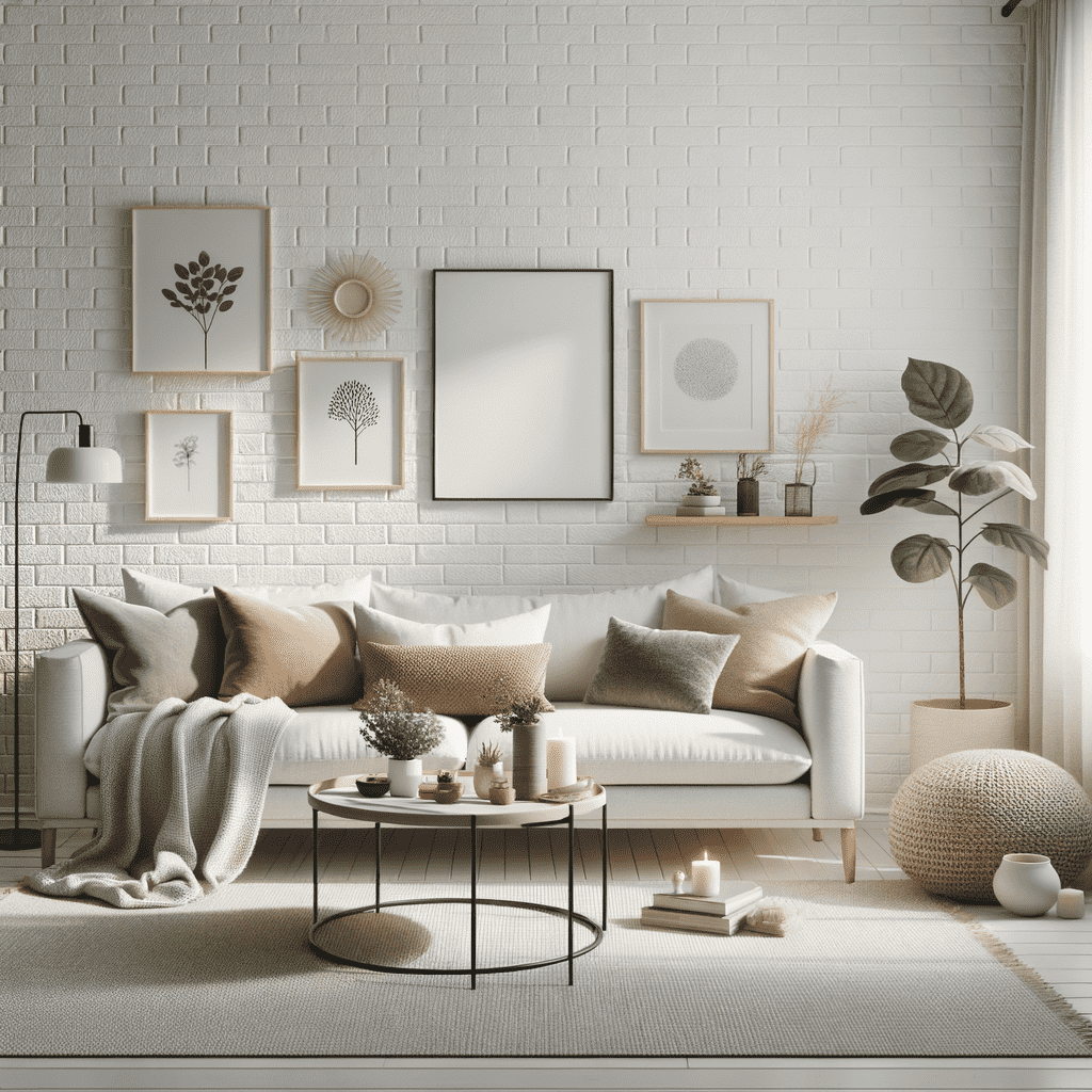 A cozy and stylish living room interior with a white sofa adorned with cushions, a white painted brick wall decorated with framed art, a round coffee table with small plants and candles, a floor lamp, and a potted plant in the corner. The color palette is neutral with beige and white tones, creating a warm and inviting atmosphere.