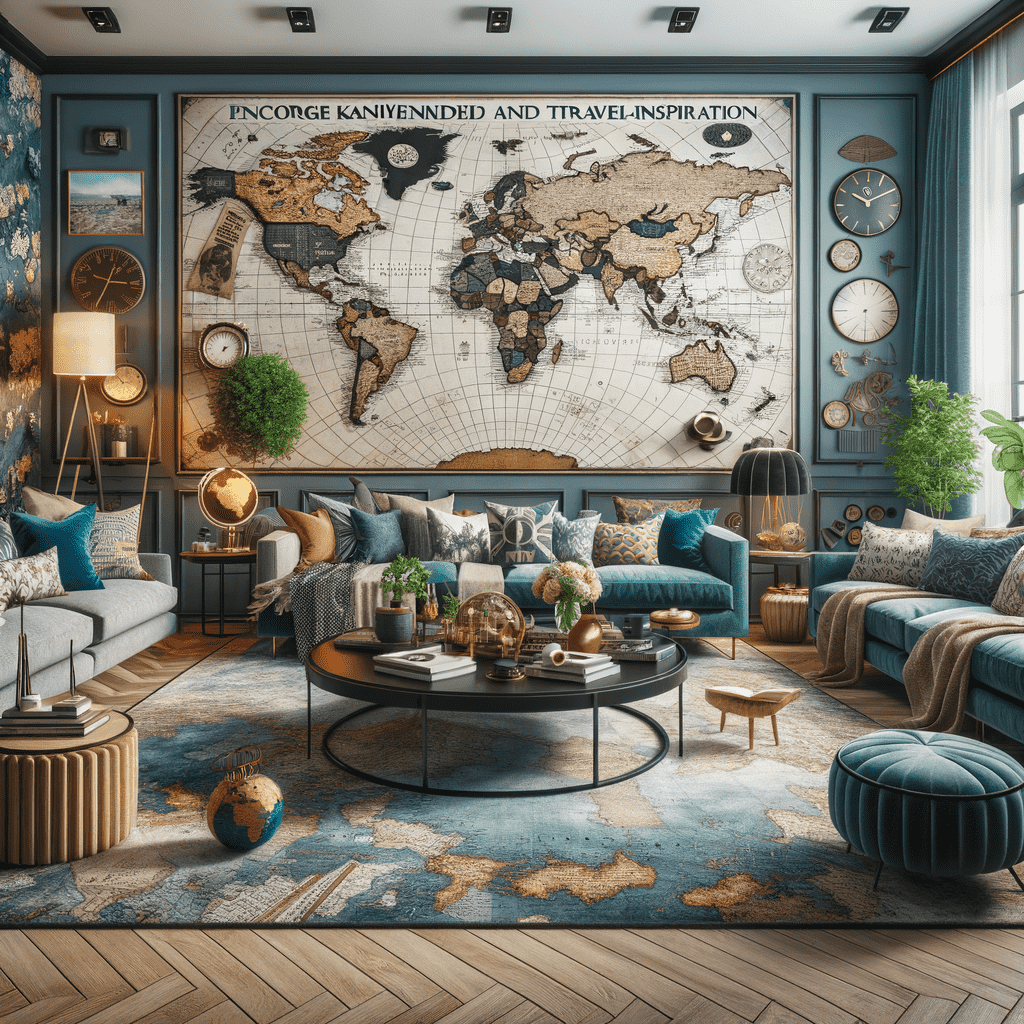 A stylish living room with a large world map on the wall, blue and teal furnishings, decorative globes, and travel-themed decor.