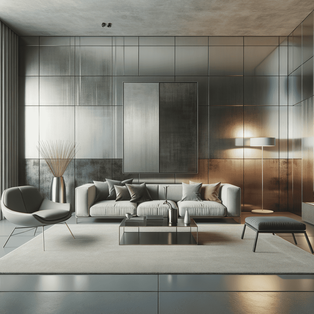 A modern living room with metallic panels on the wall, a large comfortable sofa with cushions, a sleek armchair, and stylish lighting. Decorative elements include a tall vase with dried reeds and a reflective coffee table on a large area rug. The room exudes a contemporary, luxurious aesthetic.