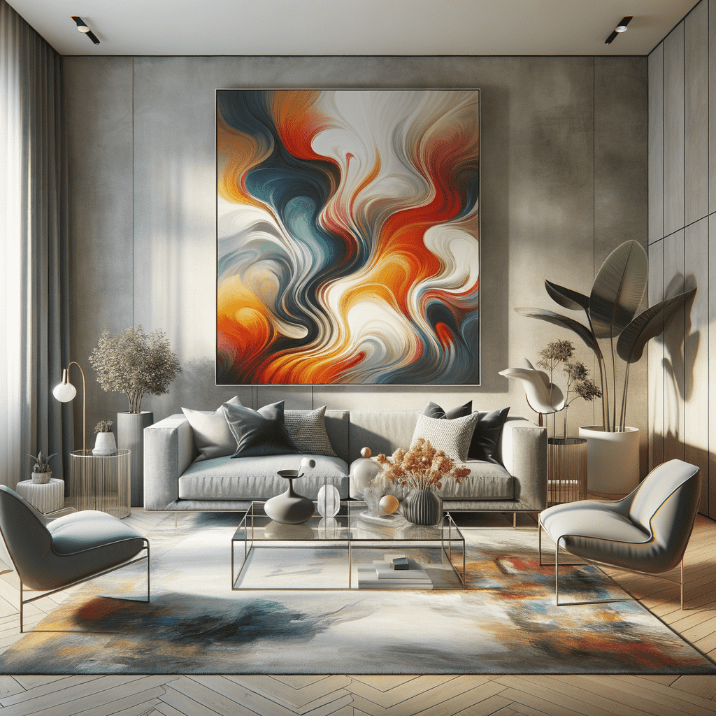 A modern living room with a large abstract painting in swirling hues of orange, black, and white as the focal point. The room features a grey sectional sofa with various pillows, two stylish armchairs, a glass coffee table, and an artistic area rug with complementing colors. Decorative plants and chic lighting add to the contemporary ambiance.