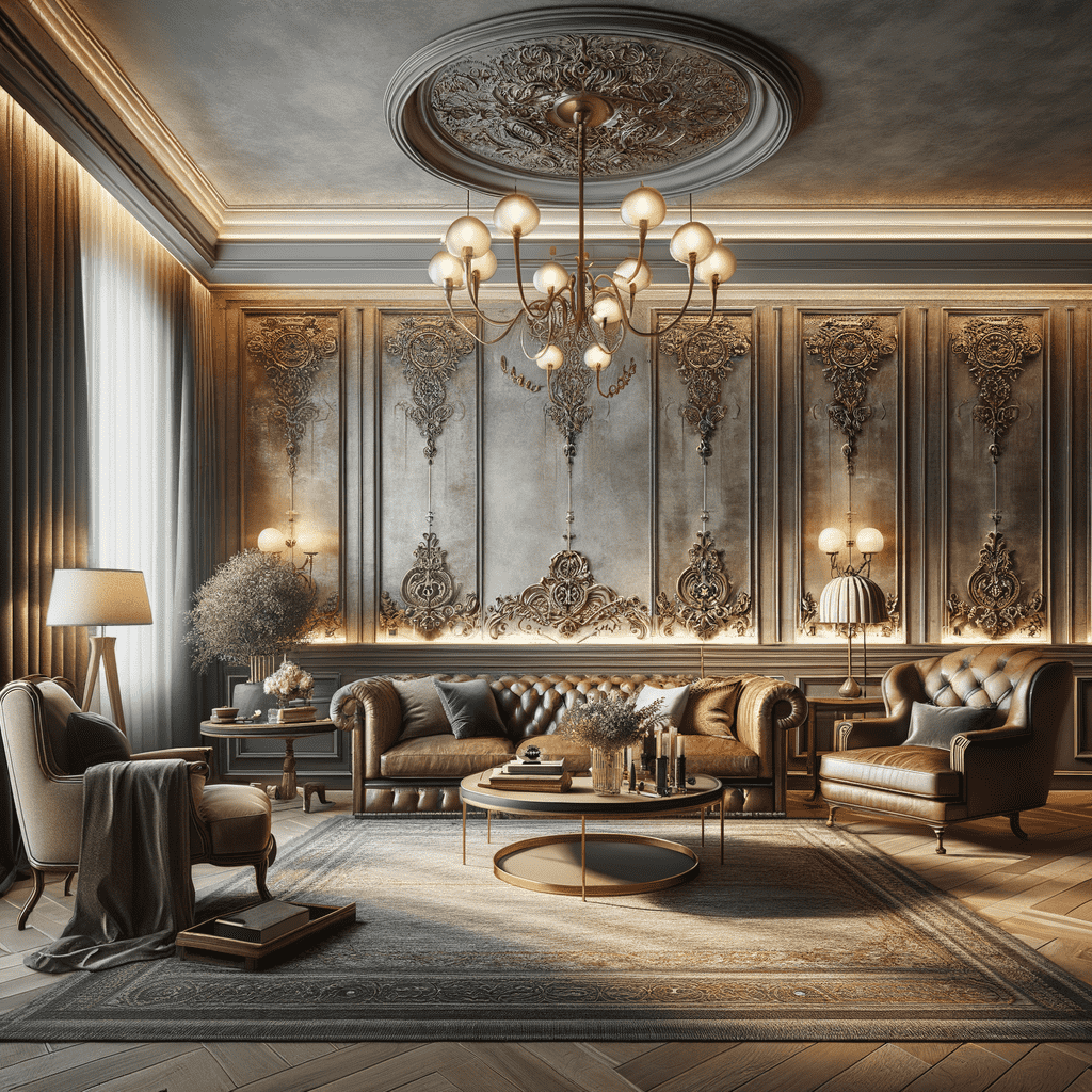 Alt text: An opulent classic living room with ornate paneling, a large chandelier, elegant furniture, and luxurious decor accents.