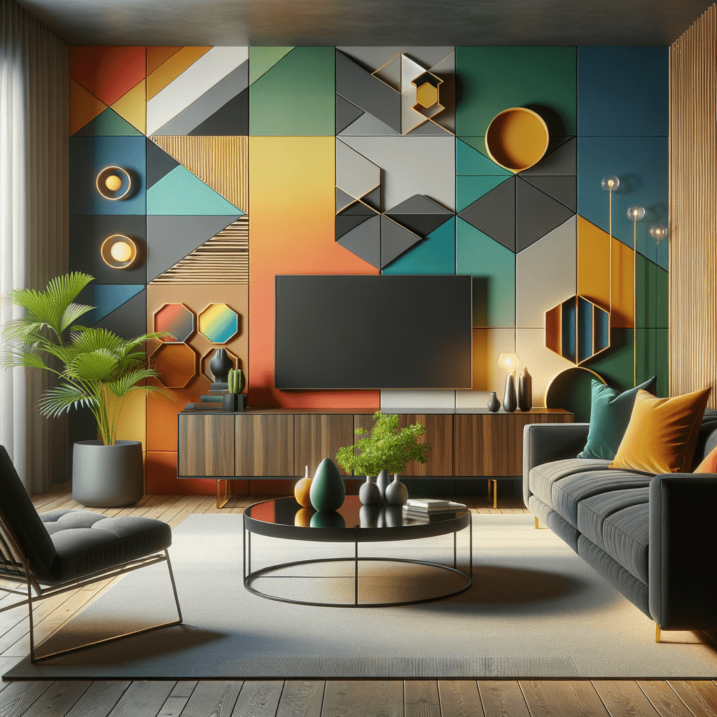 A modern living room with a geometric-pattern wall in various colors, flat-screen TV, contemporary furniture including a sofa and lounge chair, and decorative plants.