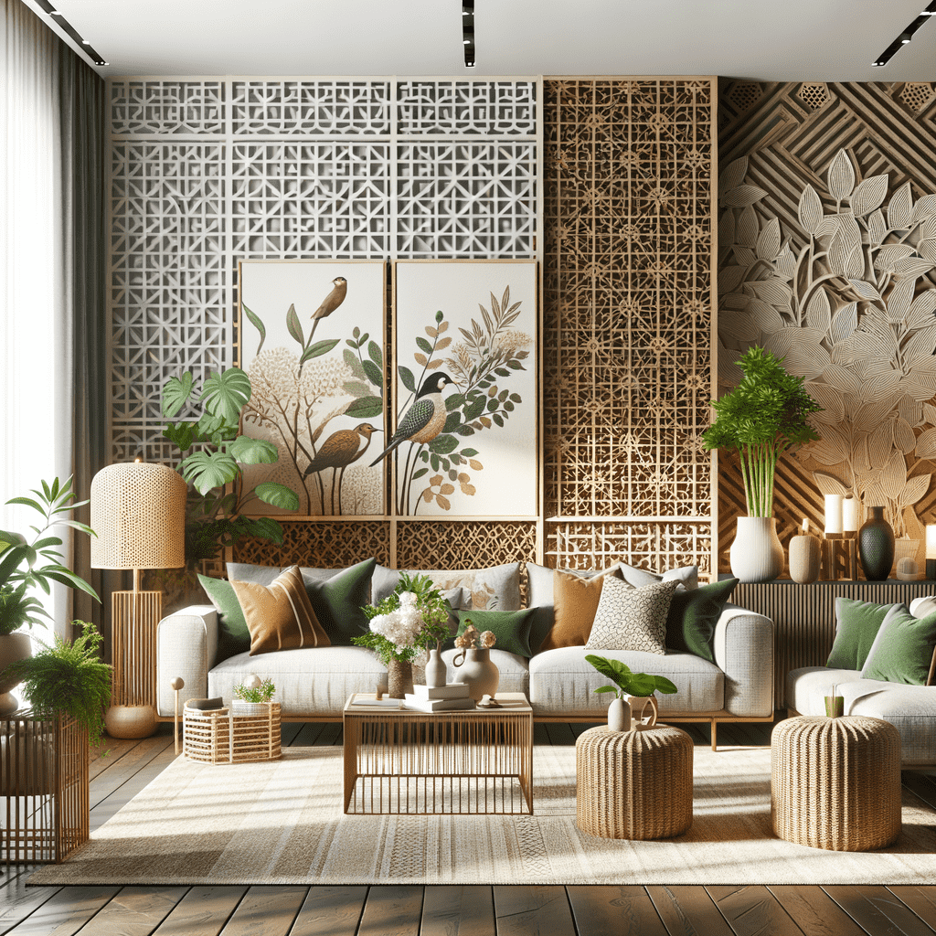 A cozy and stylish living room featuring a neutral color palette with green accents, modern furniture, decorative room dividers with geometric and botanical patterns, and an abundance of indoor plants creating a fresh, natural atmosphere.