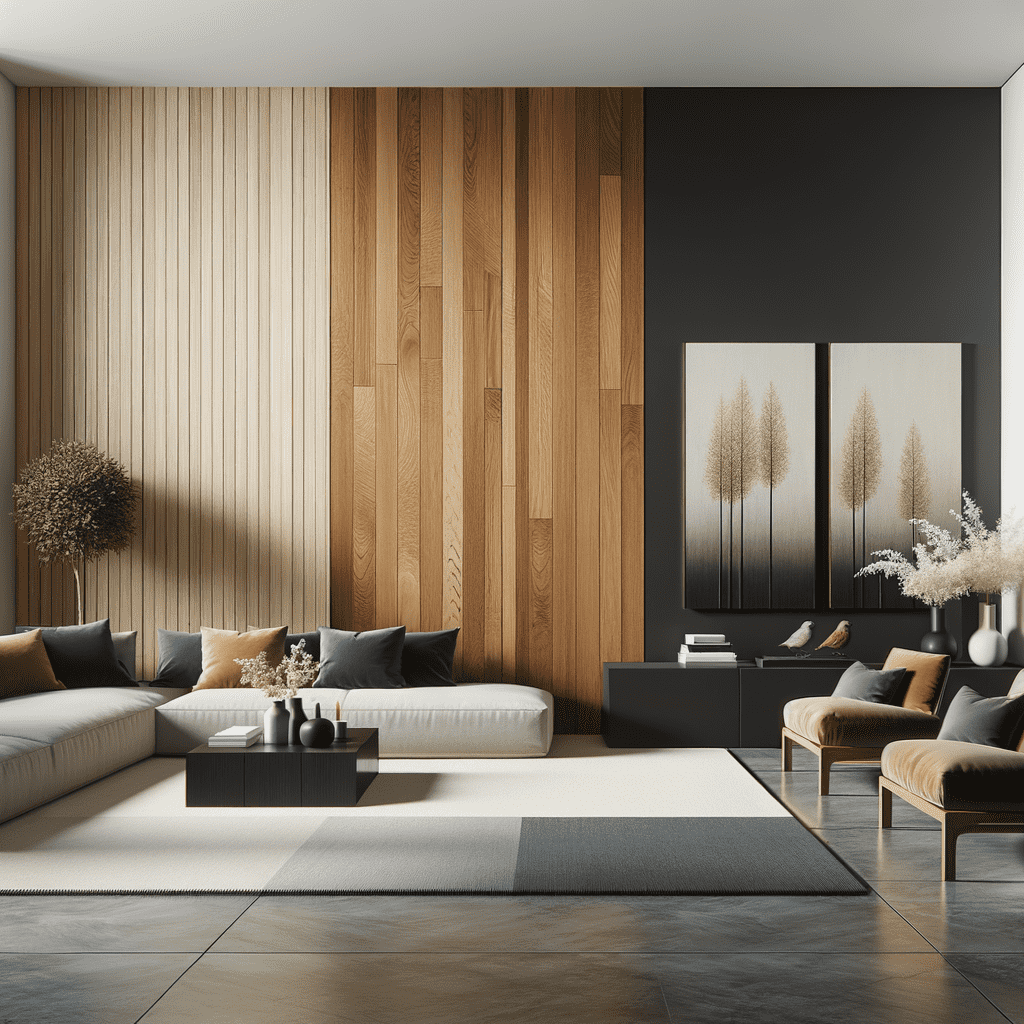 Modern living room with wooden paneling on one wall, chic black and beige furniture, and a decorative tree artwork on a black accent wall.