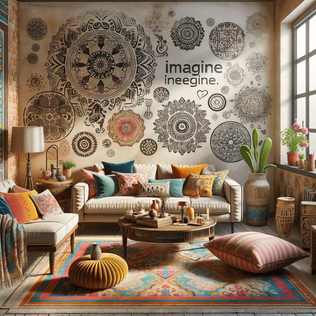 A cozy living room with a bohemian vibe, featuring a sofa with colorful cushions, a central round coffee table, a vibrant rug, and a wall adorned with intricate mandala art.