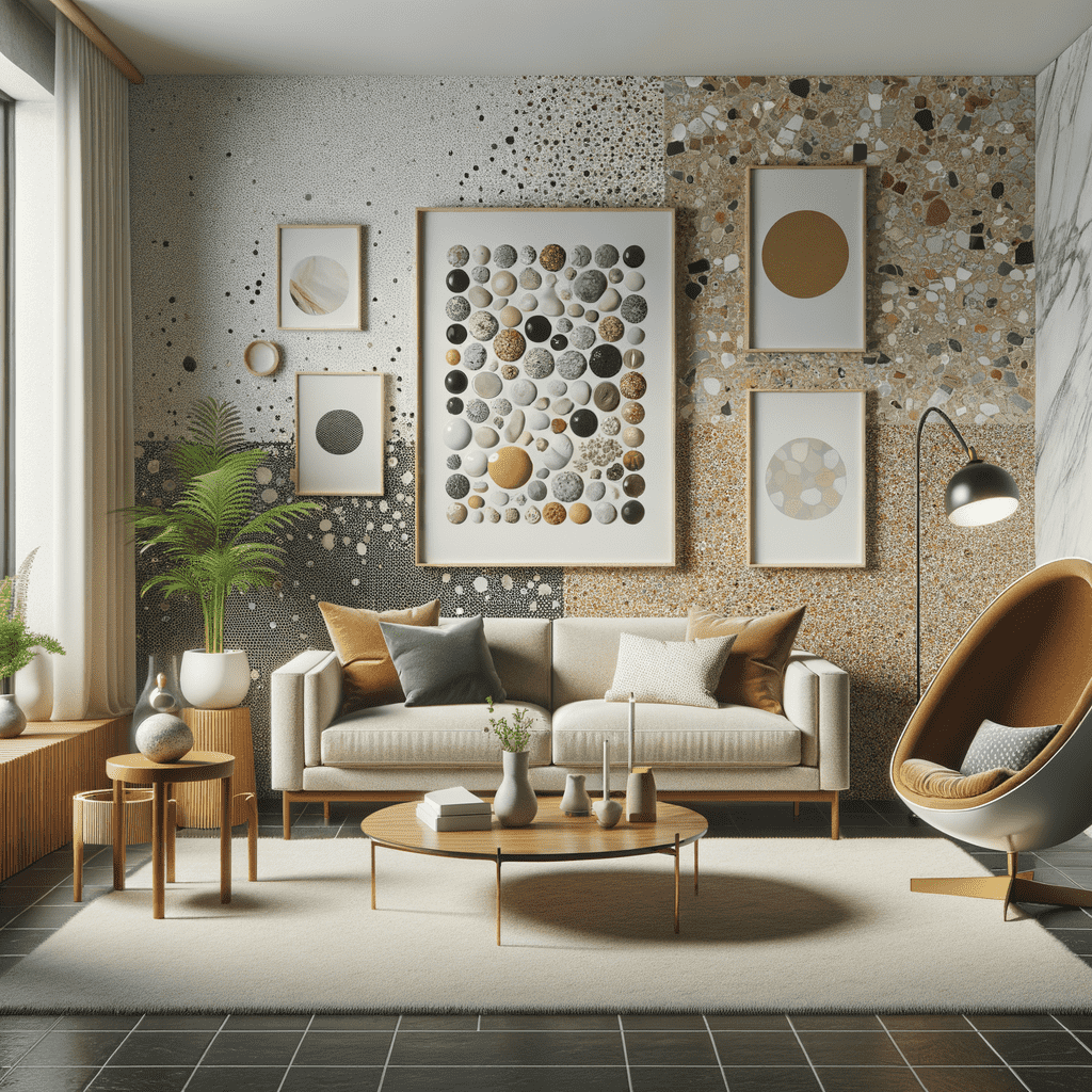 A modern living room with terrazzo walls, adorned with an assortment of framed abstract art pieces. The space features a beige sofa with cushions, a unique egg-shaped armchair, multiple wooden side tables, and a central oval coffee table on a large area rug. Indoor plants and a floor lamp complement the room's elegant aesthetic.