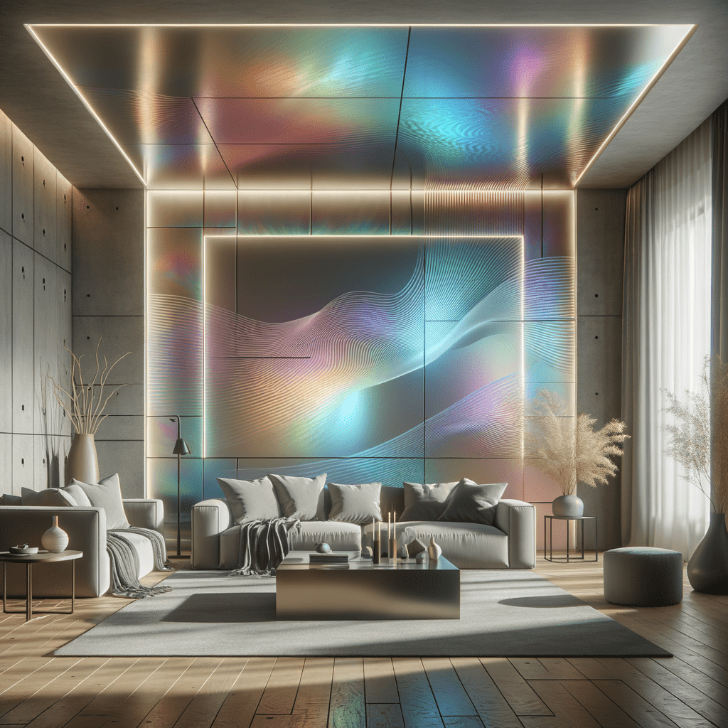 A modern living room with a large, colorful, abstract wall art, elegant gray sofa with cushions, and chic decor in a space with wooden flooring and ambient lighting.