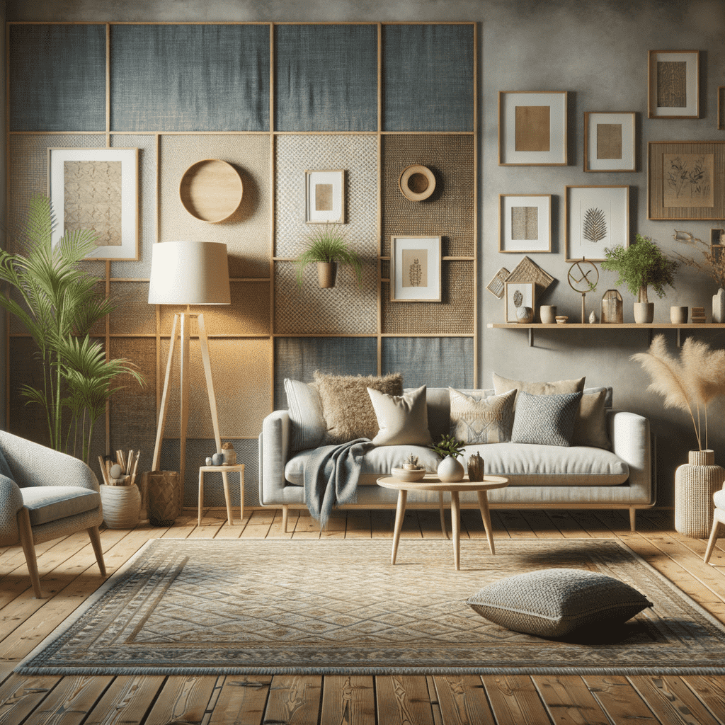 A cozy living room with a modern sofa, decorative pillows, a wooden coffee table, floor lamp, framed wall art, and potted plants, featuring a textured wall and a patterned rug on a wooden floor.