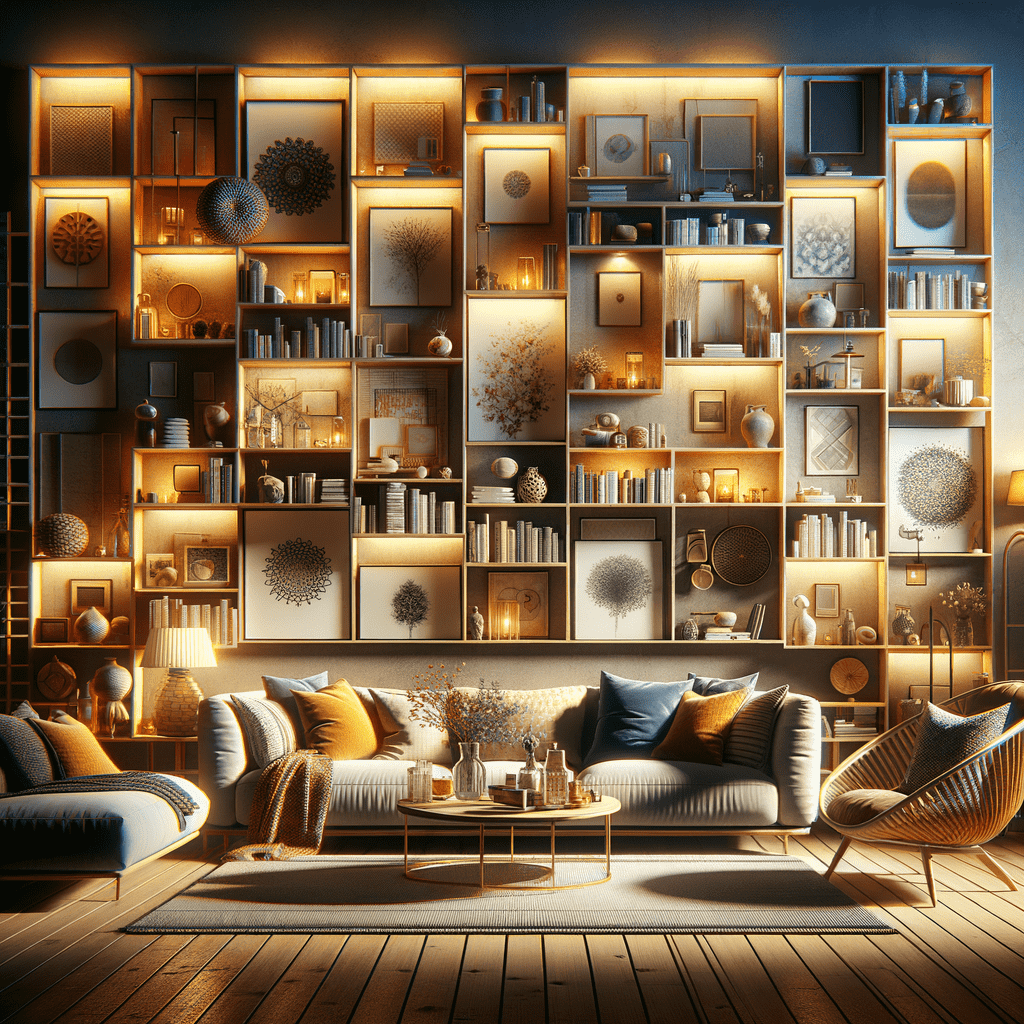 A cozy living room with a large wall-to-wall bookshelf filled with books, decorative objects, and framed art. Comfortable seating includes a sofa and chairs with cushions, illuminated by warm lighting.