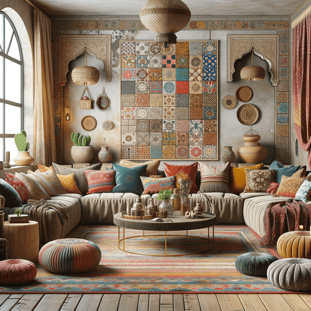 A cozy bohemian-style living room with eclectic decor, featuring a colorful patchwork of tiles on the wall, an assortment of patterned cushions on a sofa, a round wooden coffee table with decorative objects, woven baskets, and plants, all complemented by layered, colorful rugs on the floor and natural light from a large window.