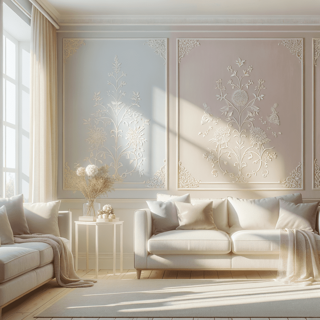 A bright and elegant living room with a neutral color palette, featuring plush sofas, ornate wall designs, and sunlight streaming through large windows.