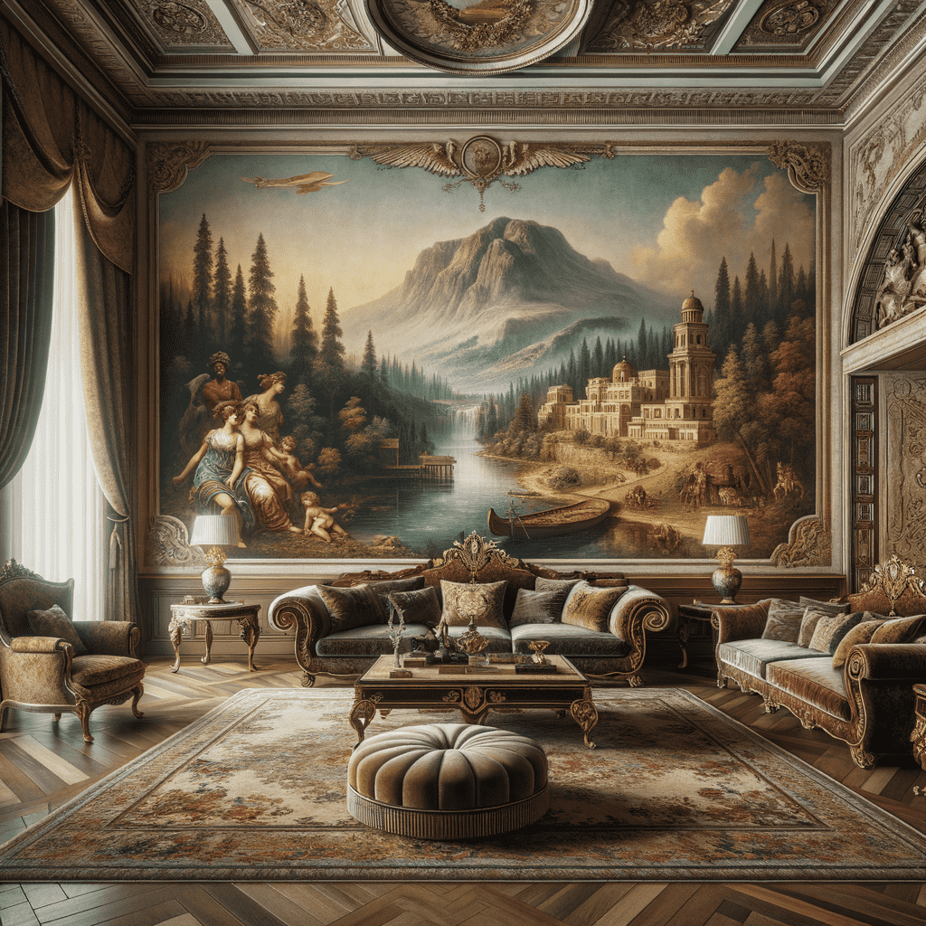 Opulent living room with classical design featuring elegant furniture, a large ornate mural of a mythical landscape, and intricate architectural details.