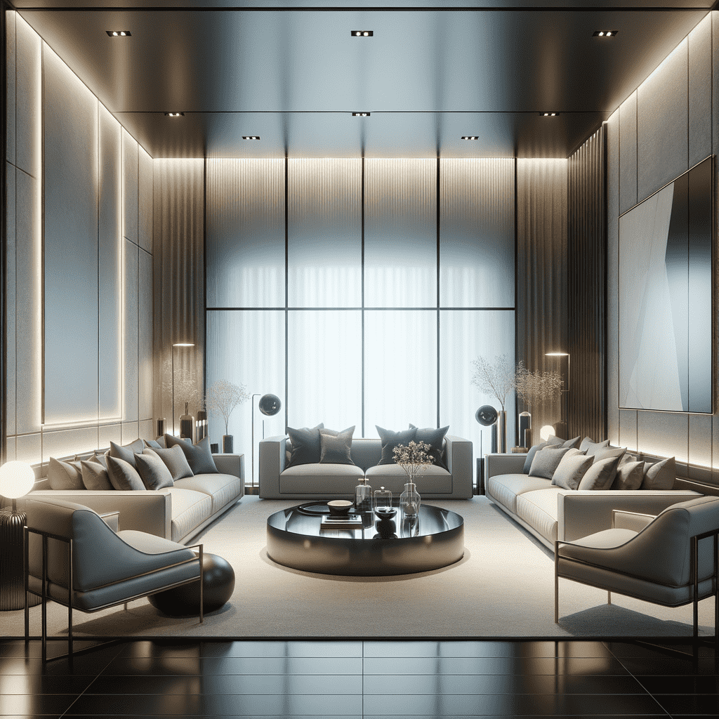 Modern living room interior with elegant sofas, round coffee table, decorative vases, ambient lighting, and large windows with sheer curtains.
