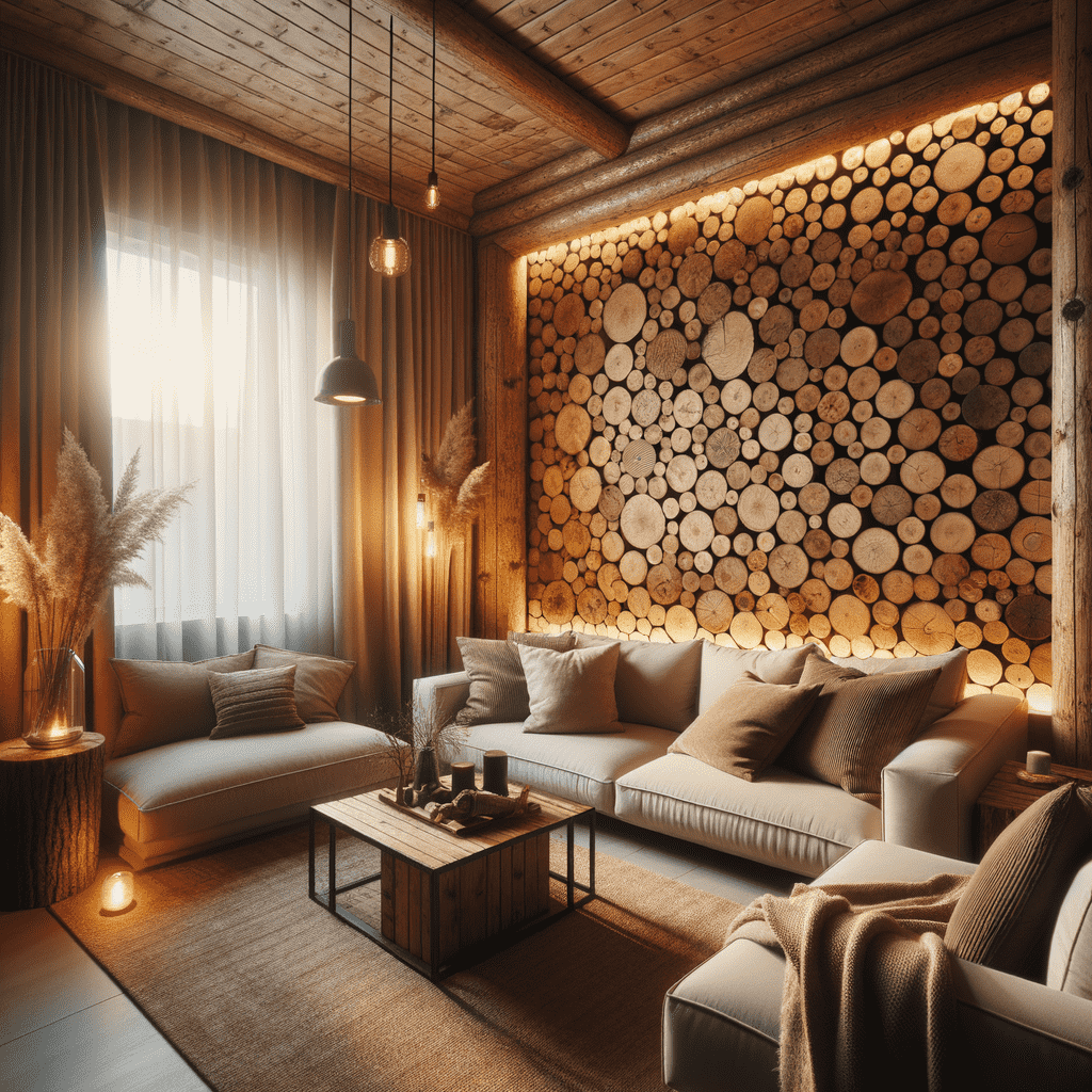 A cozy living room interior with sectional sofas, a wood log feature wall, warm lighting, and modern decor.