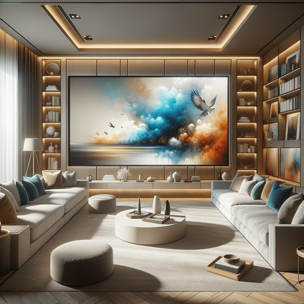 A modern living room with a large, colorful abstract painting dominating the wall. The room features elegant wooden paneling, a plush L-shaped sofa with blue and beige cushions, circular coffee tables, and minimalist decor. The atmosphere is luxurious and contemporary.