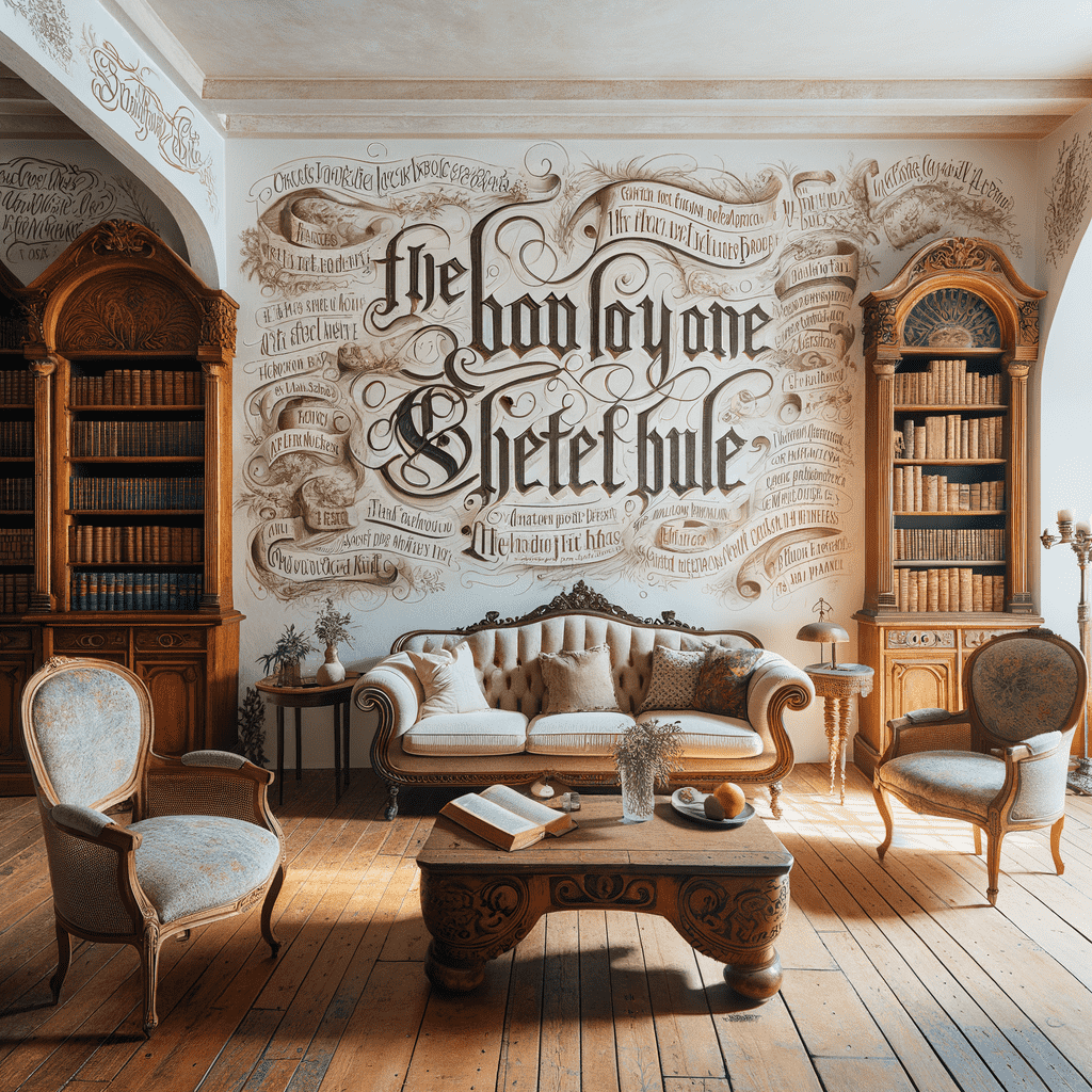 An elegant living room with classic furniture and ornate calligraphy on the walls.