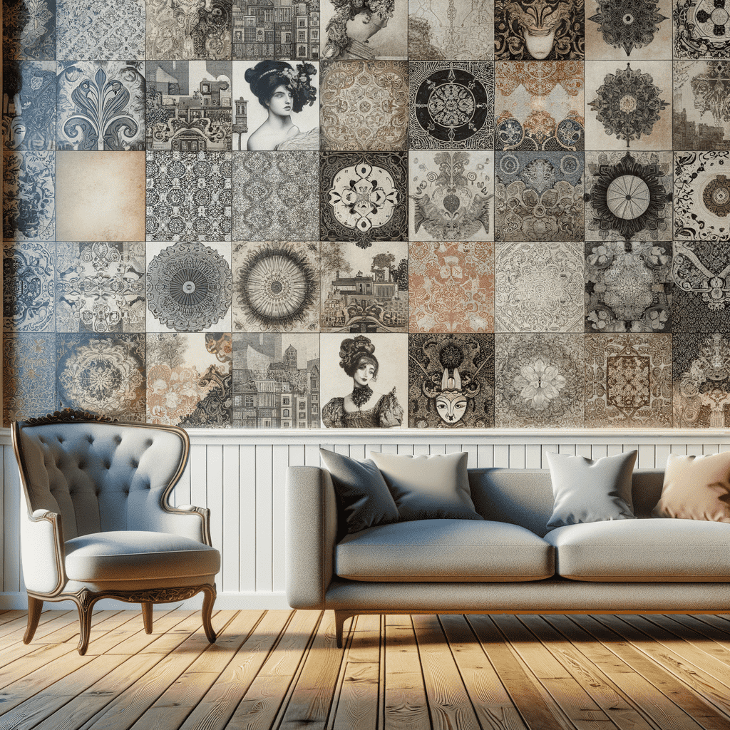 A stylish interior with a wall covered in eclectic ceramic tiles featuring various patterns and vintage imagery, accompanied by a classic tufted armchair on the left and a modern gray sofa with cushions on the right, all set on a wooden floor.