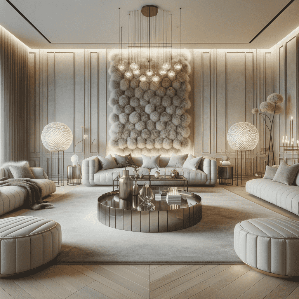 Elegant modern living room with soft beige tones, plush sofas, a unique puffball wall art, and designer lighting.