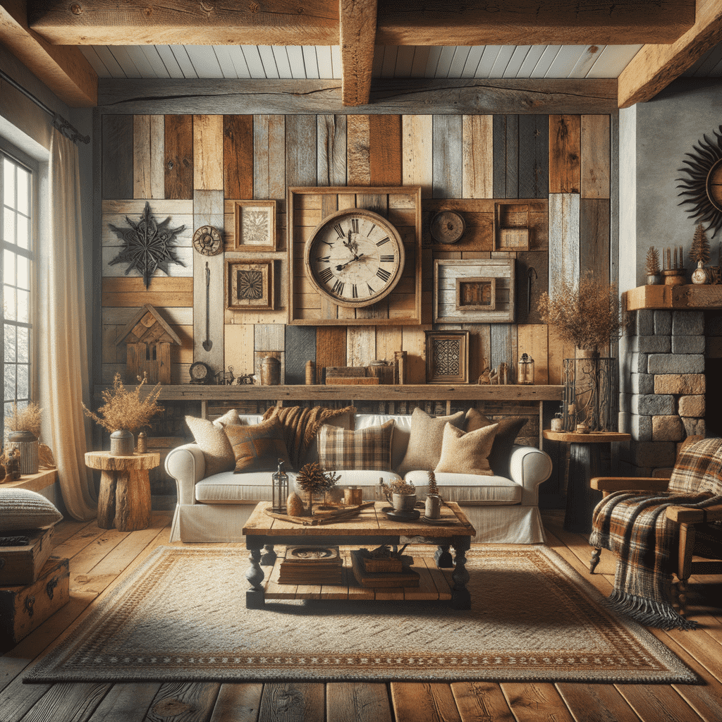 A cozy rustic living room with a reclaimed wood wall, a large clock, various wall decorations, a sofa with throw pillows, a checkered armchair, and wooden furniture.