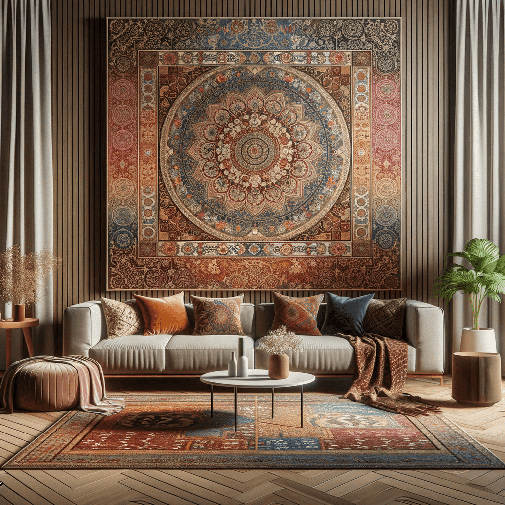 A cozy living room with a large ornate tapestry on the wall, a plush sofa with assorted throw pillows, a round coffee table, and a patterned area rug on a wooden floor. Decor includes potted plants and vases.