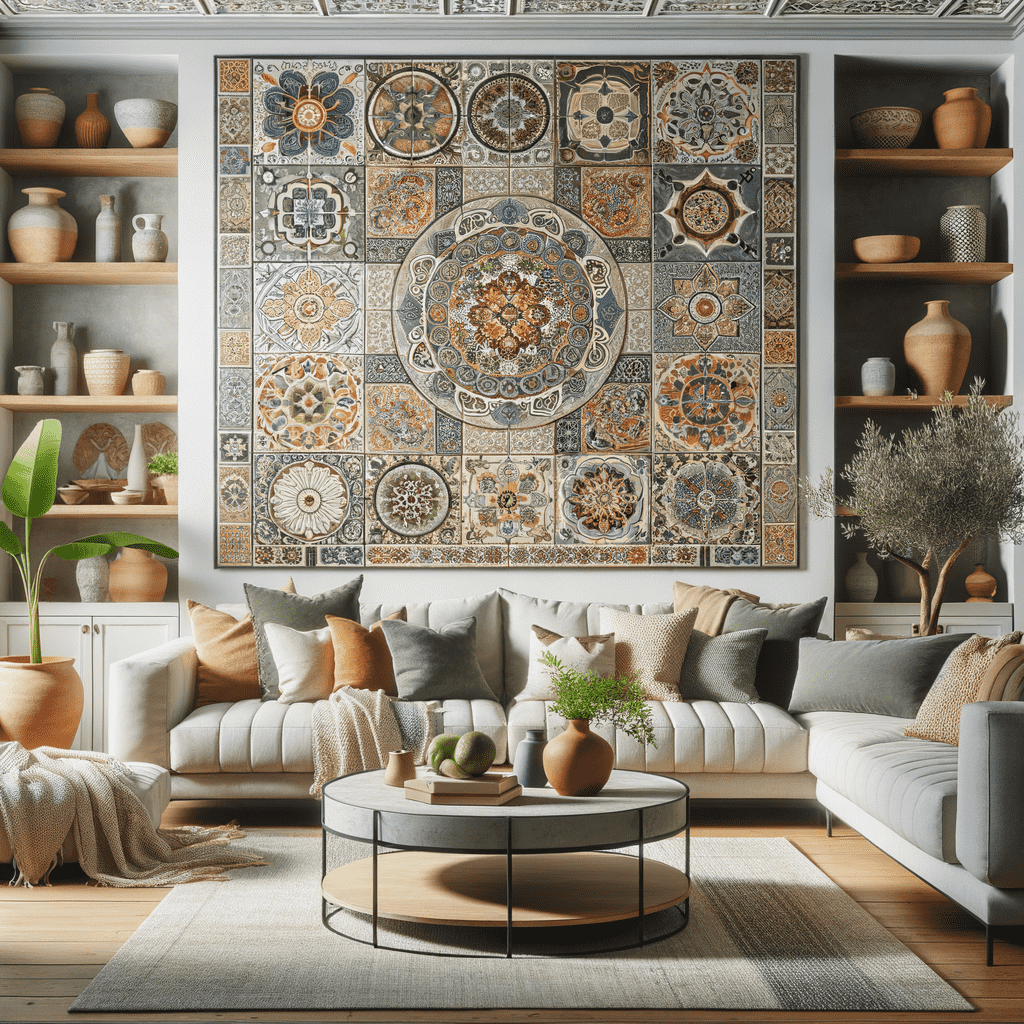 Cozy living room interior with a large decorative ornate wall panel, comfortable sofas, a round coffee table, and shelves with pottery.