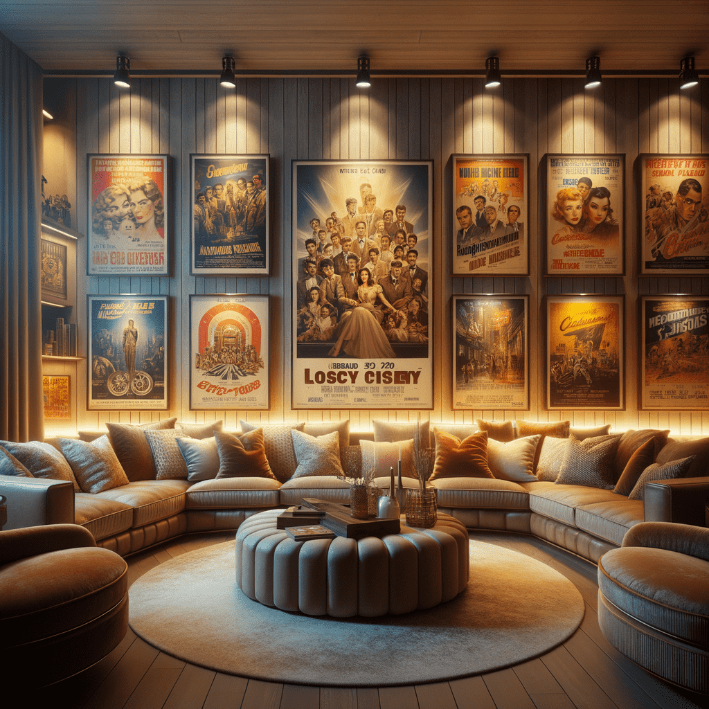 A cozy home theater room with vintage movie posters on wooden paneled walls, a large U-shaped couch with numerous cushions, a round central table with decorative items, all illuminated by warm ambient lighting.