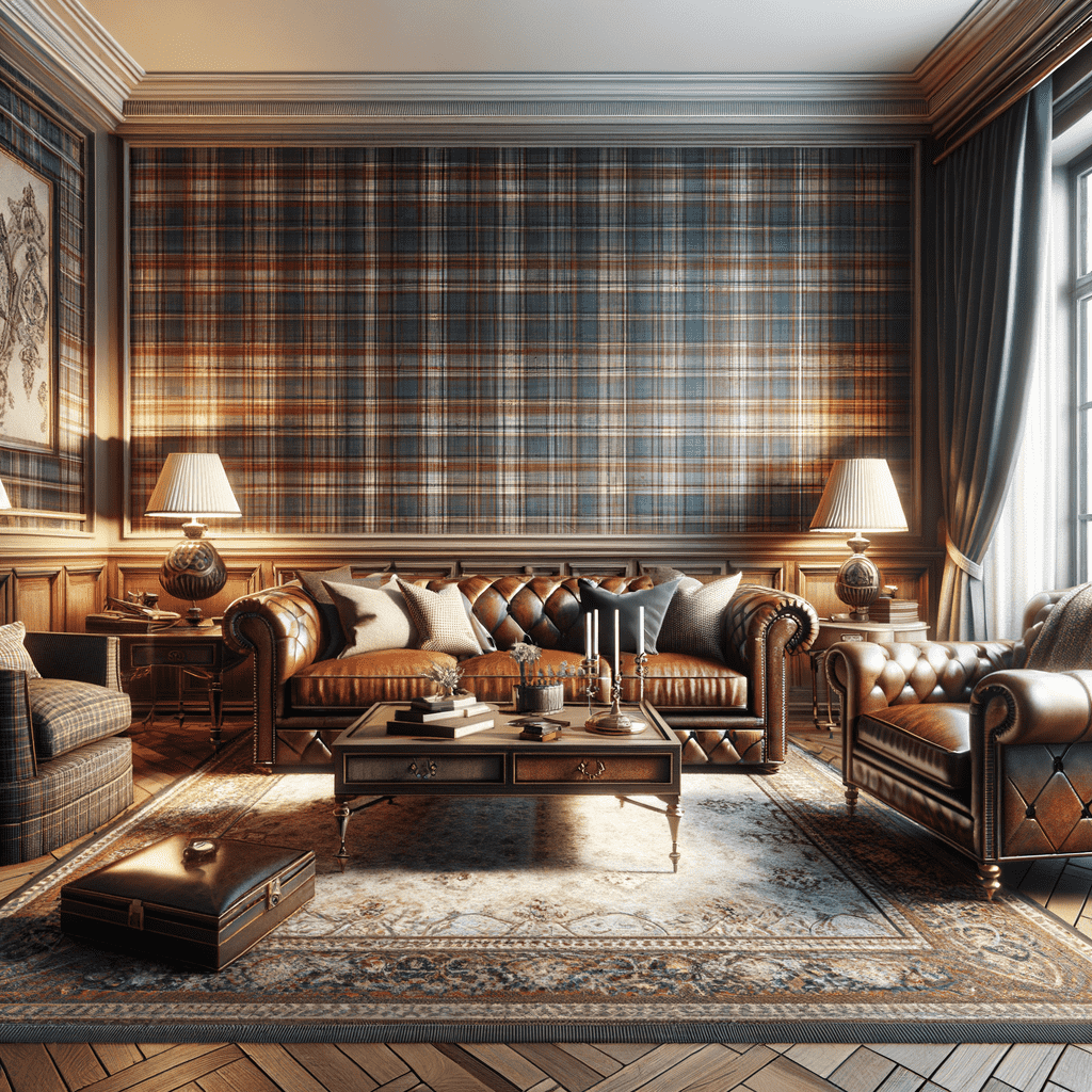 Elegant traditional living room with leather sofas, patterned wallpaper, wooden paneling, and a richly textured area rug, accented by soft lighting from table lamps.