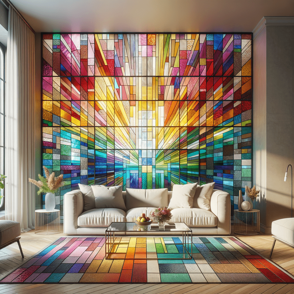 A modern living room with a large, colorful stained glass-style wall mural featuring an abstract geometric design, complemented by a matching pattern on the area rug.
