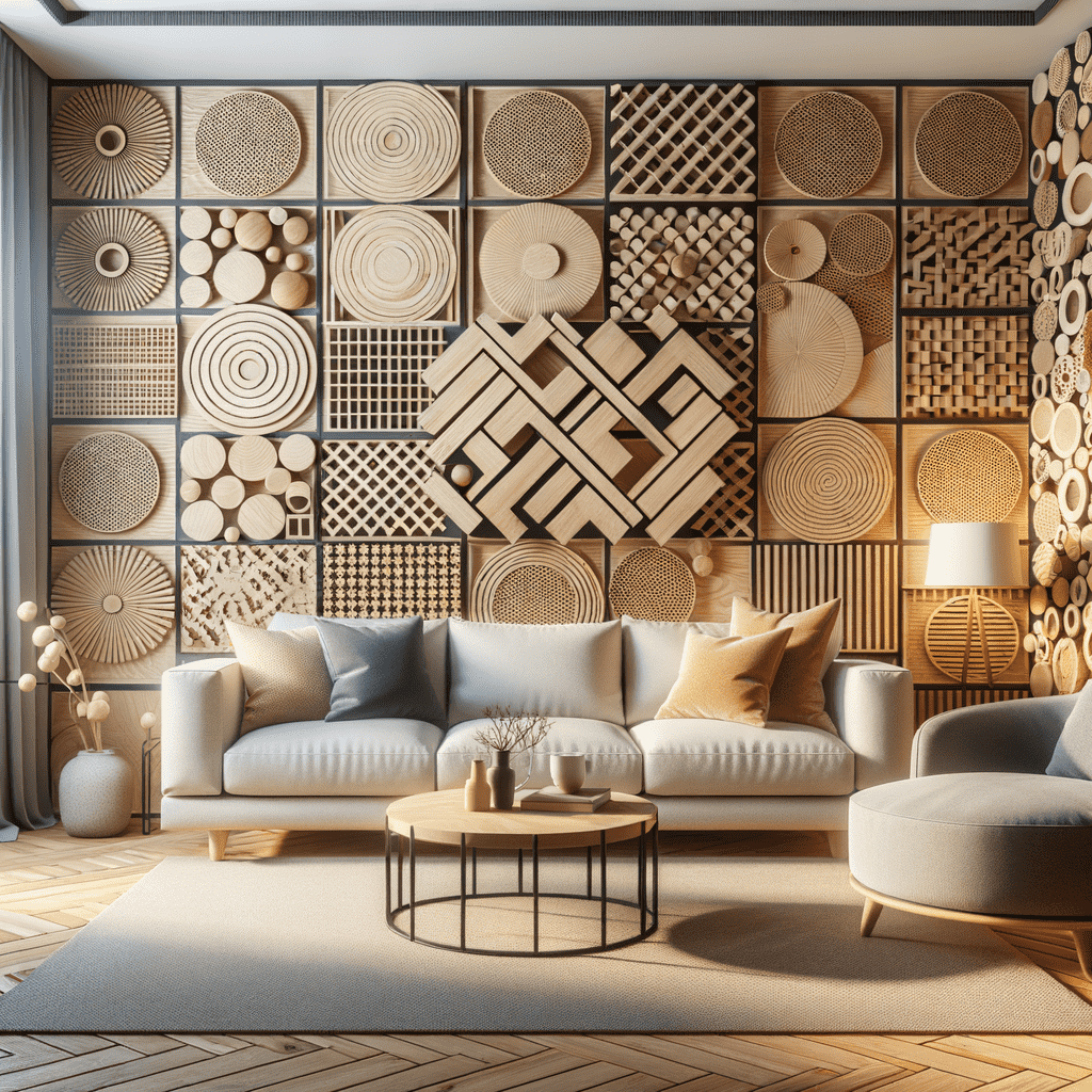 A modern living room with a textured wooden wall composed of various circular and geometric patterns, featuring stylish furniture including a sofa with cushions, a round coffee table, and an elegant rug on a herringbone parquet floor.