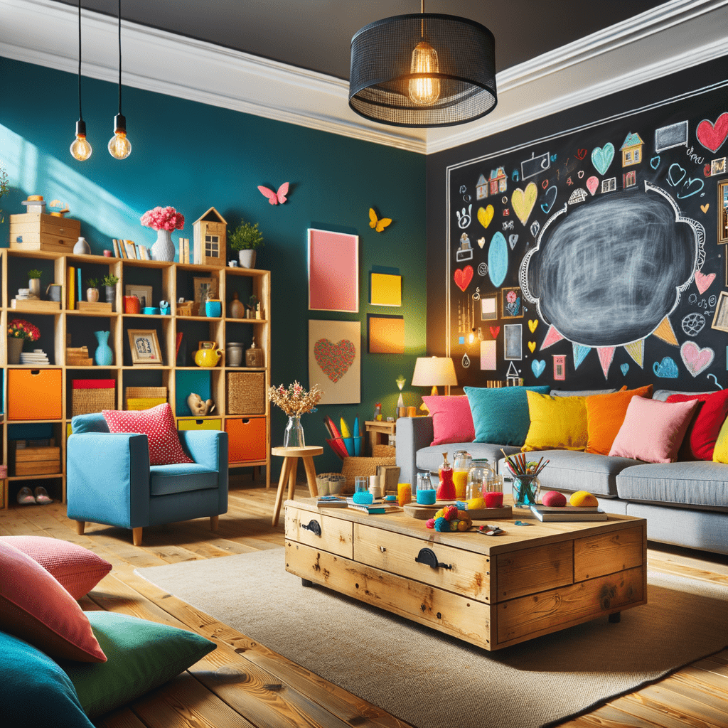 A vibrant and colorful living room with eclectic decor, featuring a multicolored sofa, teal armchair, wooden crate coffee table, and a chalkboard wall with playful drawings. Decorative elements include a bookshelf, framed art, hanging Edison bulbs, and butterflies on the wall.