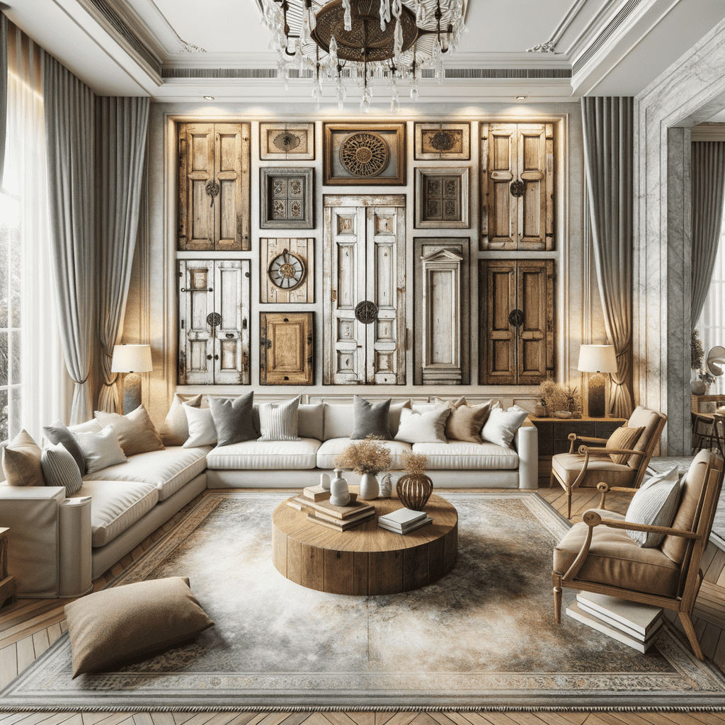 Elegant living room interior with a vintage door wall decor, luxurious chandelier, sectional sofa, wooden coffee table, and classic armchairs.