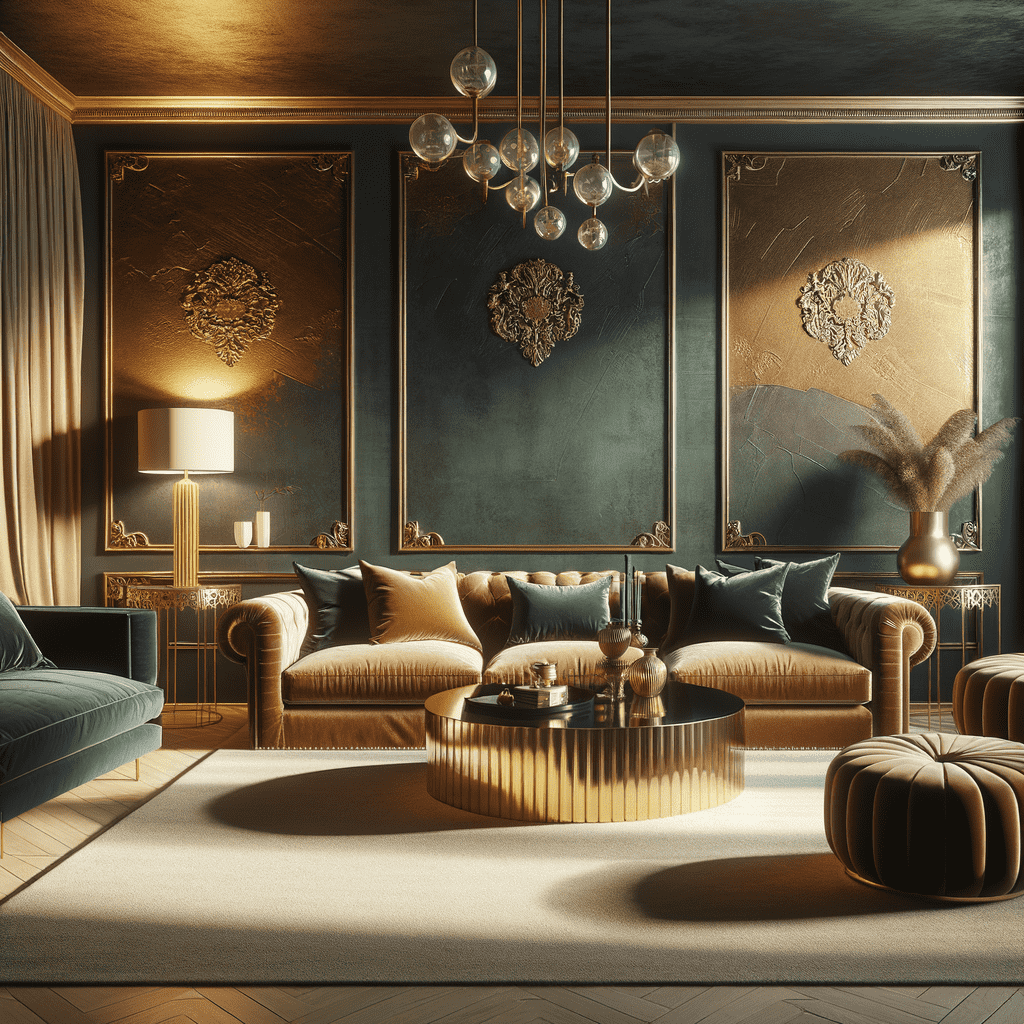 Alt text: A luxurious living room with dark emerald walls accented by gold trim, featuring a plush velvet sofa, a round gold coffee table, a modern chandelier with spherical lights, and decorative panels with ornate designs. A rich, warm ambiance is conveyed through sophisticated furnishings and ambient lighting.