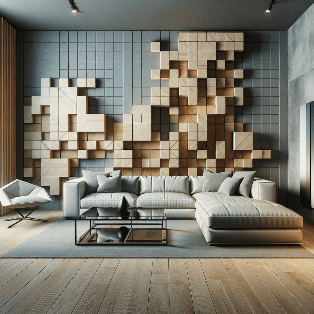 A modern living room with large L-shaped sectional sofa and a geometric wooden wall decor.