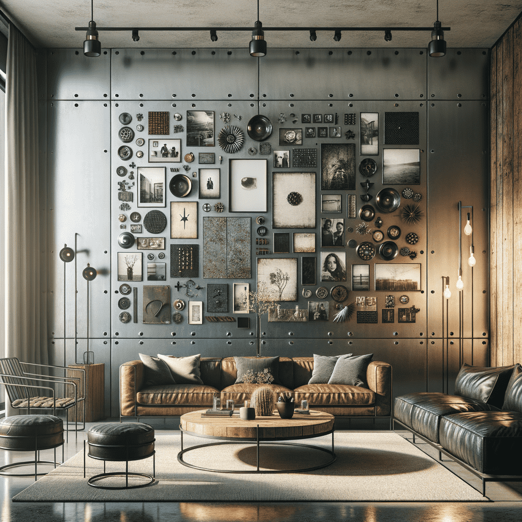 A contemporary living room with an industrial aesthetic featuring a wall adorned with various frames and decorative items, complemented by a leather sofa, armchair, and round coffee table.