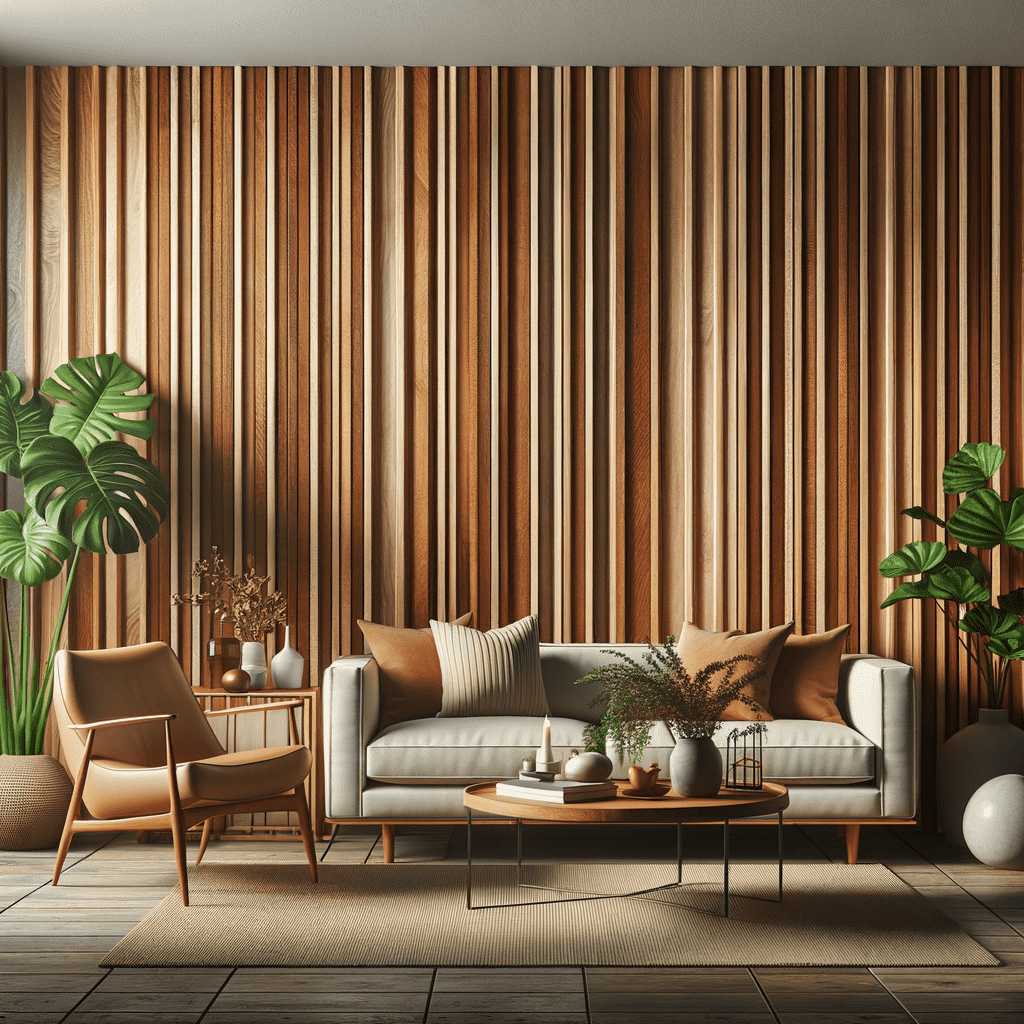 A stylish living room interior with a sofa, armchair, and coffee table, surrounded by indoor plants against a wooden slat wall.