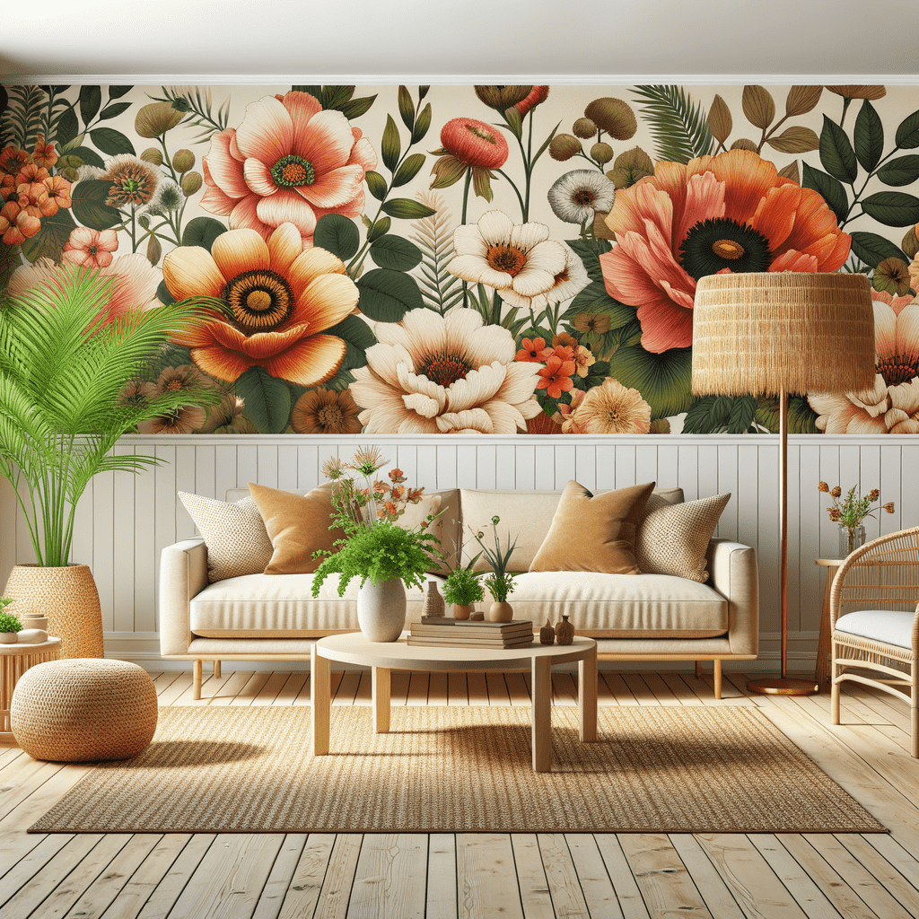 A cozy living room with a botanical theme featuring a large floral wallpaper, a white sofa with tan cushions, a round wicker coffee table, a textured rug, and an assortment of potted plants.