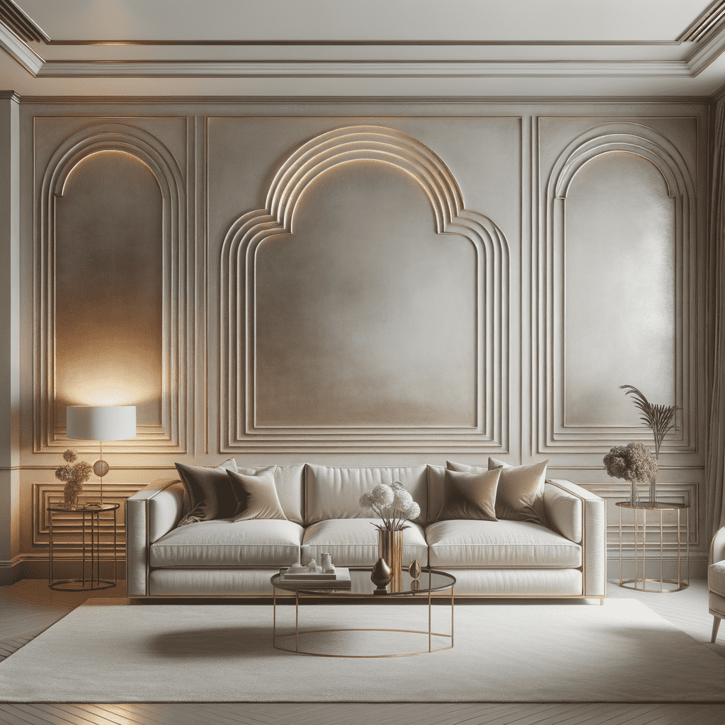 Elegant living room interior with a cream-colored sofa, gold accent tables, and classic wall paneling with arched decorative molding.