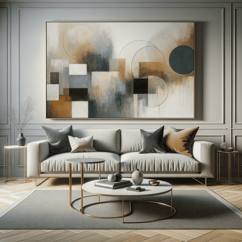 An elegant living room with a beige sofa adorned with pillows, a large abstract painting on the wall, round coffee tables, and decorative vases. The room has a neutral color scheme with wood flooring and paneling.