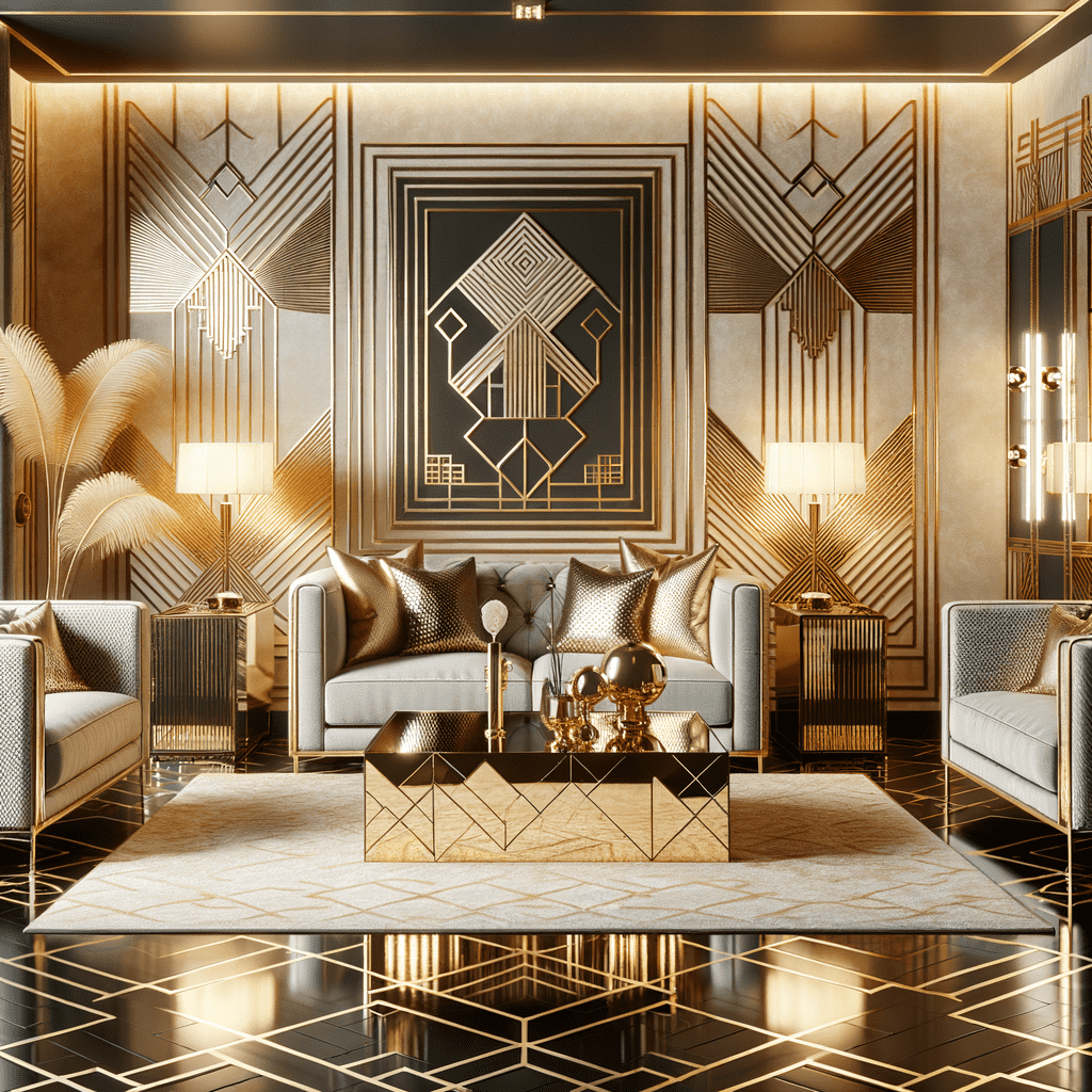 Alt text: Luxurious art deco style living room interior with ornate golden details, elegant furniture, geometric patterns on walls and floor, and decorative objects.